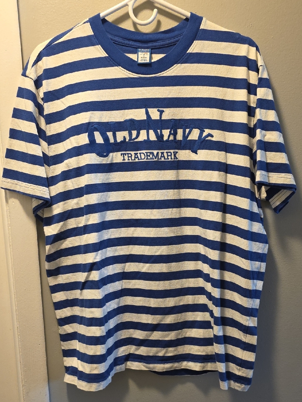 Old Navy Blue and White Striped Men’s Tee with Trademark Chest Graphic